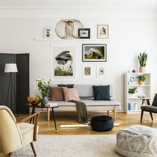 How to style a minimalist foyer with neutral colors, modern furniture, and nature-inspired wall art
