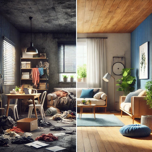 Split image showing contrast of psychological effects of interior design with messy dark room versus tidy bright room