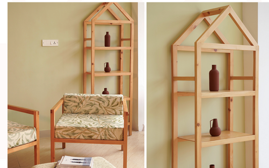 Teak wood vs pine wood comparison shown with furniture and shelving featuring natural wood finishes