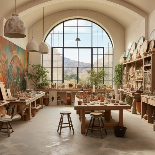 Spacious art studio with pottery and plants showcasing storytelling interior design ideas with natural light and rustic decor