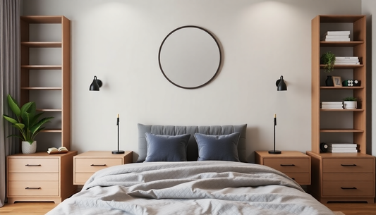 Minimalist Bedroom Makeovers featuring modern wooden night stands, shelving, and calming neutral tones