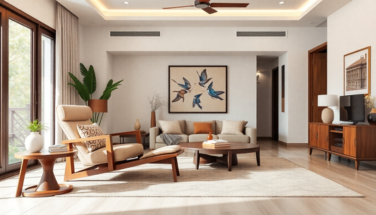 Modern living room featuring stylish wooden lounge chairs paired with cozy seating and elegant decor