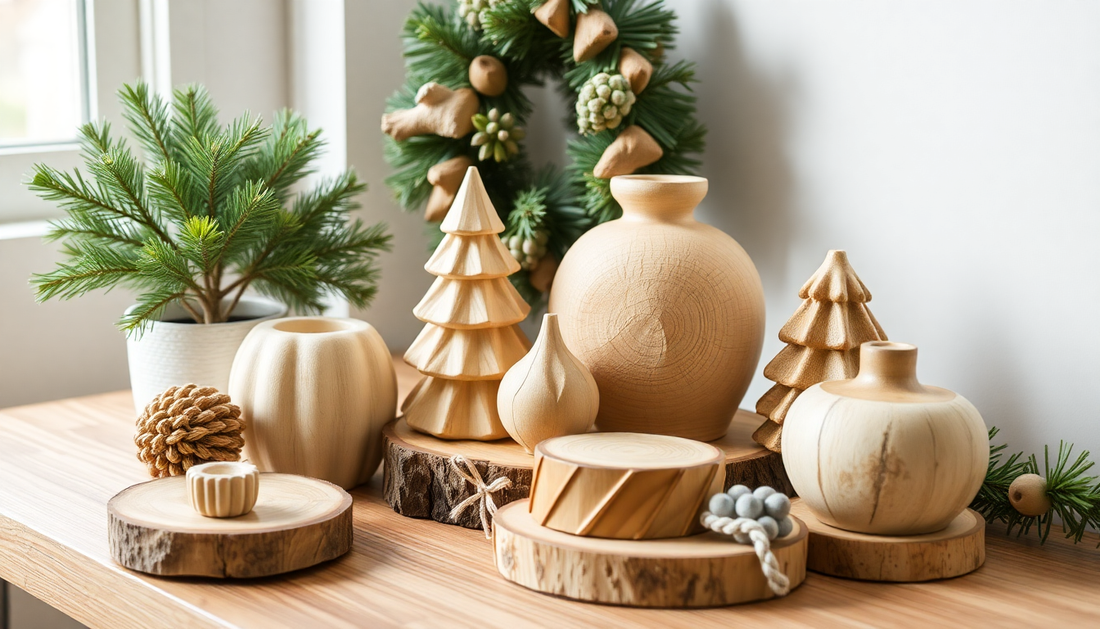 Decorative solid pinewood furniture pieces including vases and trees displayed on wooden slabs with green wreath and pine decor