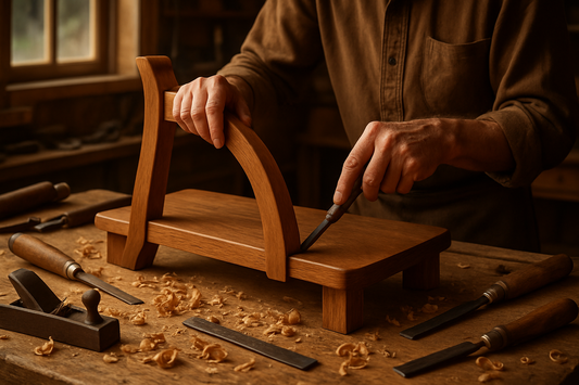 Craftsman carving wood to highlight the value of handcrafted furniture with traditional tools on a wooden workbench