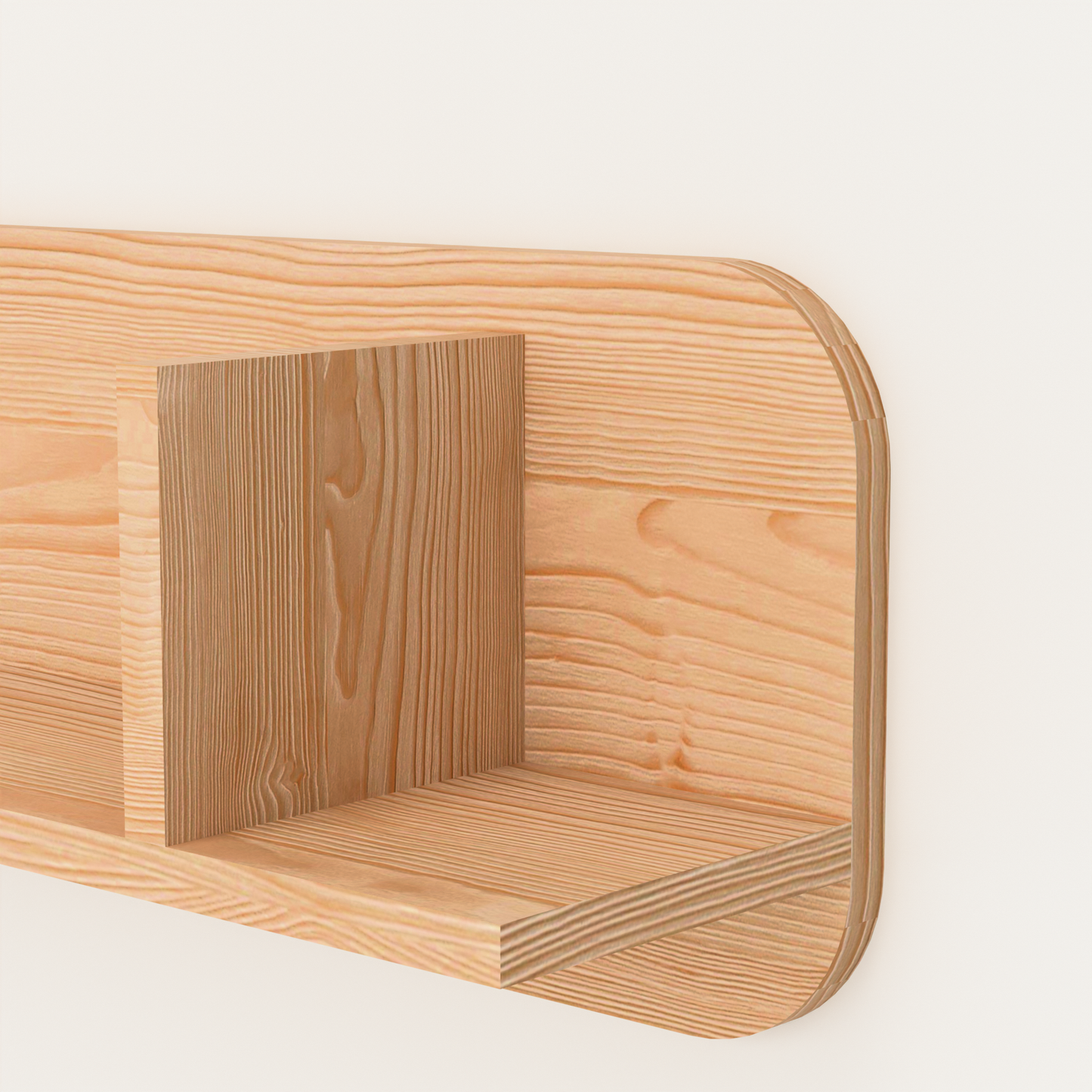 A Good Life floating wooden bookshelf made of light natural wood with rounded edges and a simple design