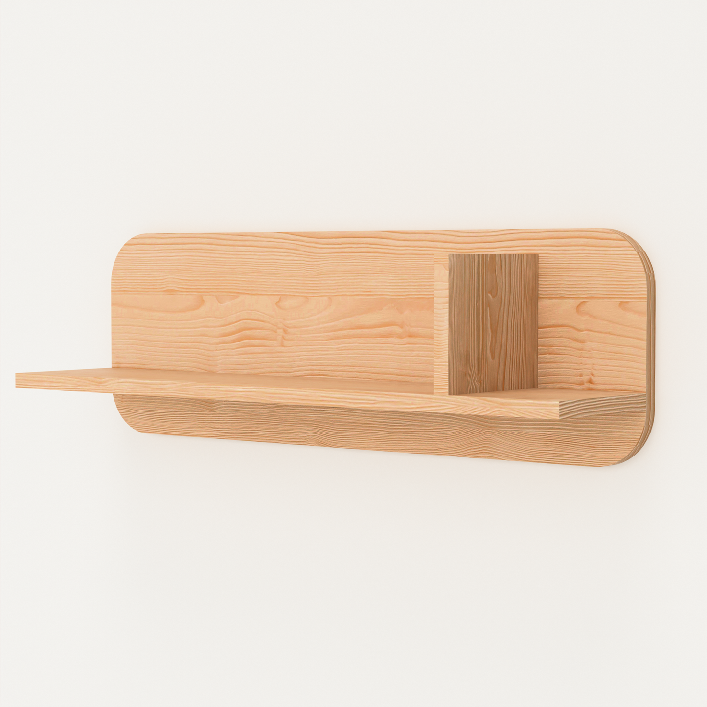 A Good Life floating wooden bookshelf with a natural wood finish and minimalist design mounted on a white wall