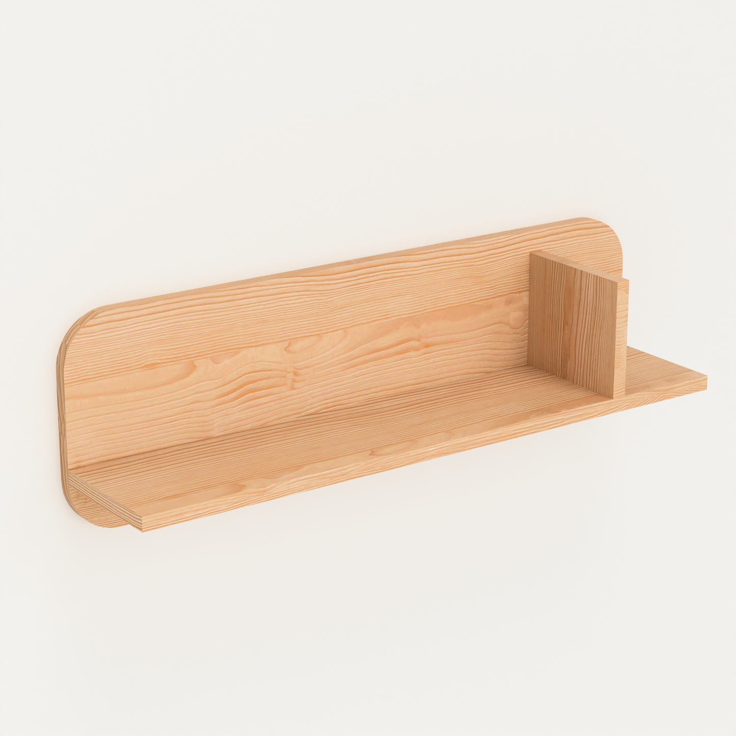 A Good Life simple natural wood floating wooden bookshelf with rounded edges mounted on a white wall