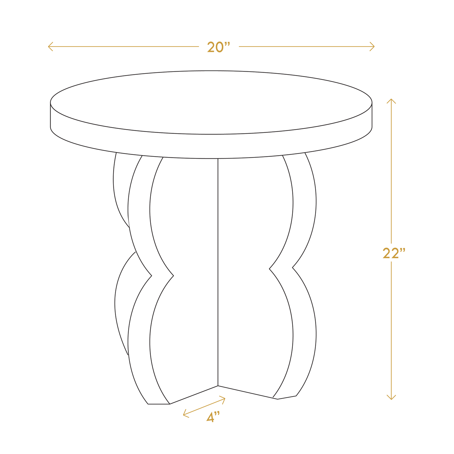 Diagram of minimalist wood nightstand - HUSTLE with round top 20 inches diameter and 22 inches height