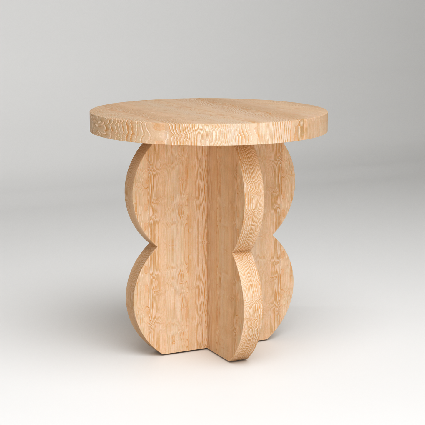Minimalist wood nightstand HUSTLE with round top and sculptural wooden base in natural finish
