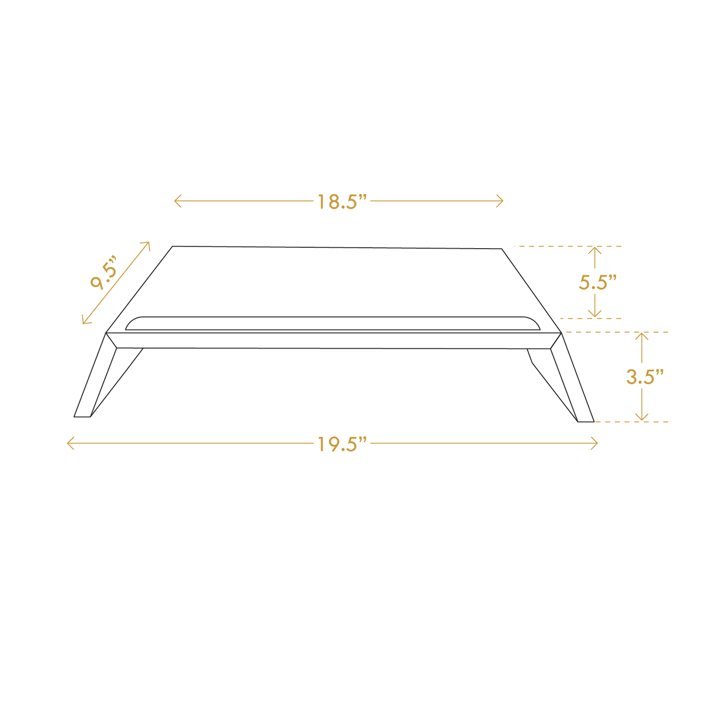 Diagram of minimalist laptop riser for desk by A Good Life showing dimensions and angled legs