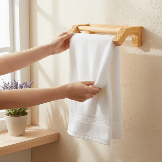 Minimalist wooden hand towel rail made from reclaimed Canadian pine wood with Nordic design for modern bathroom decor