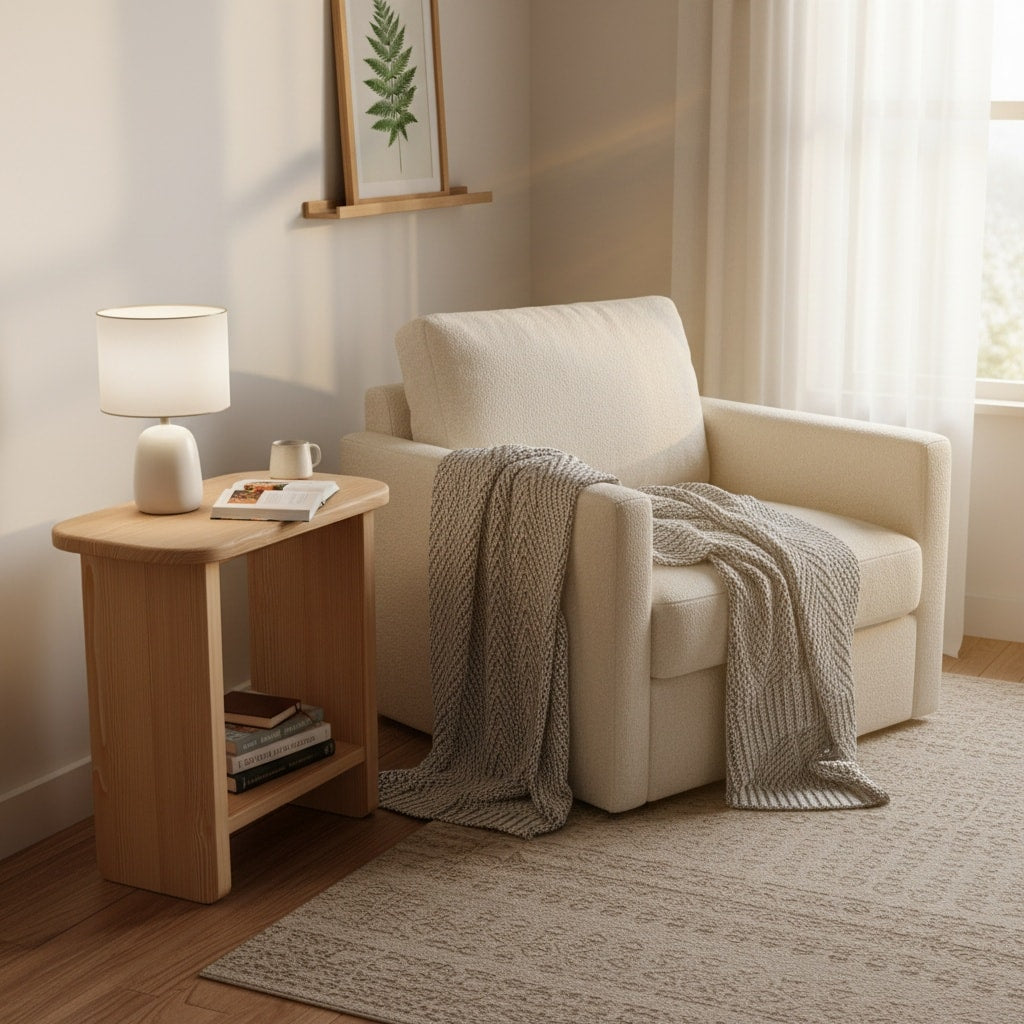 Minimalist pine wood nightstand Soma with organic grain for contemporary bedroom furniture and storage