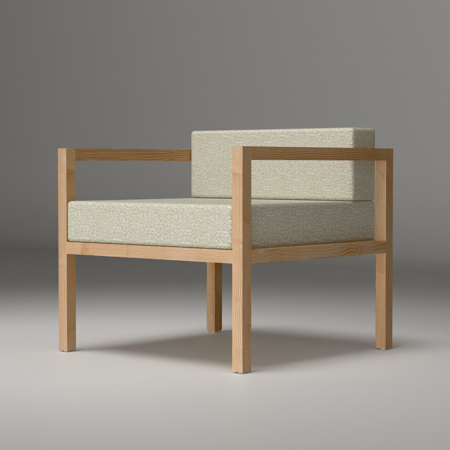 A Good Life minimalist pinewood lounge chair with light beige cushions and natural wood frame