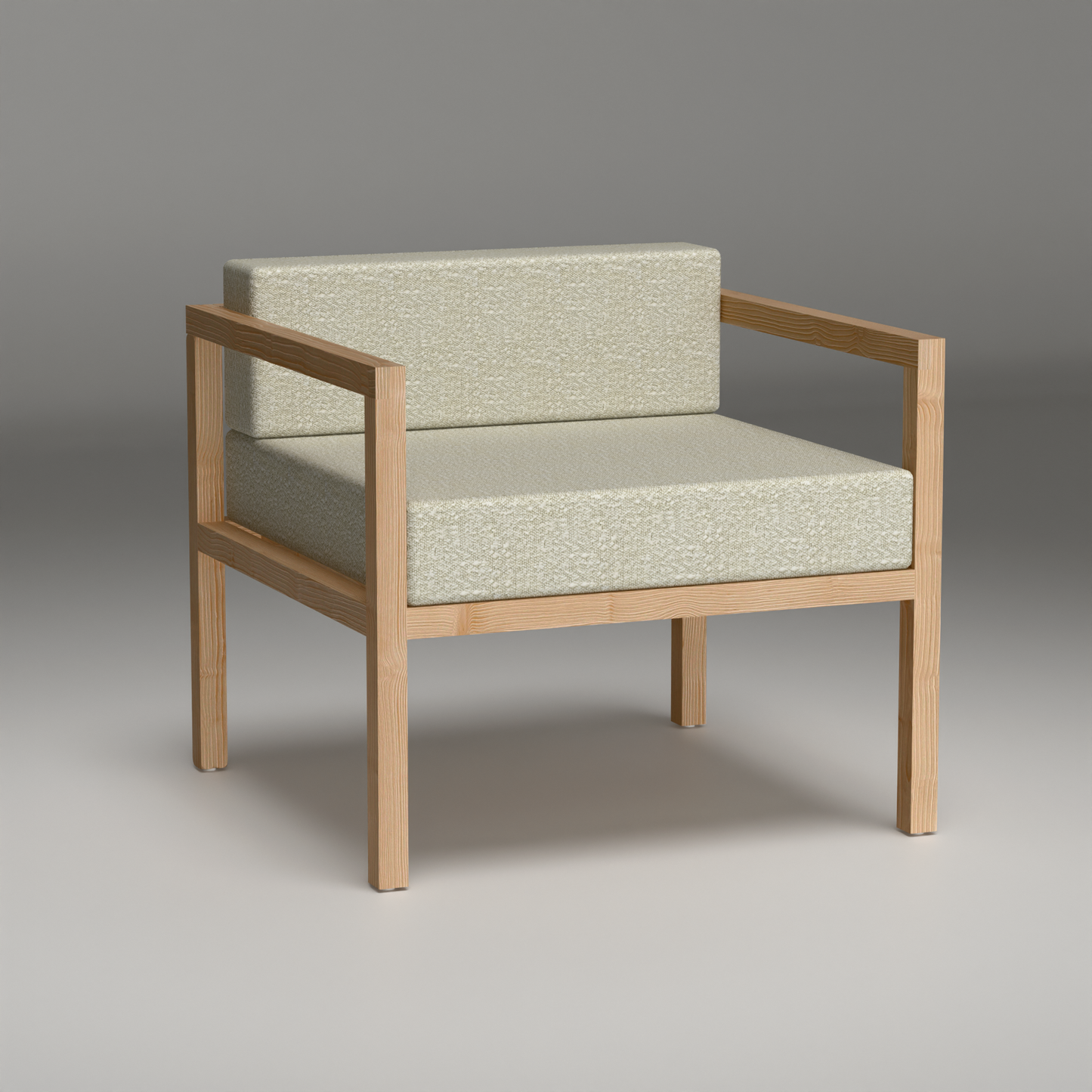 A Good Life minimalist pinewood lounge chair with light wood frame and beige cushions