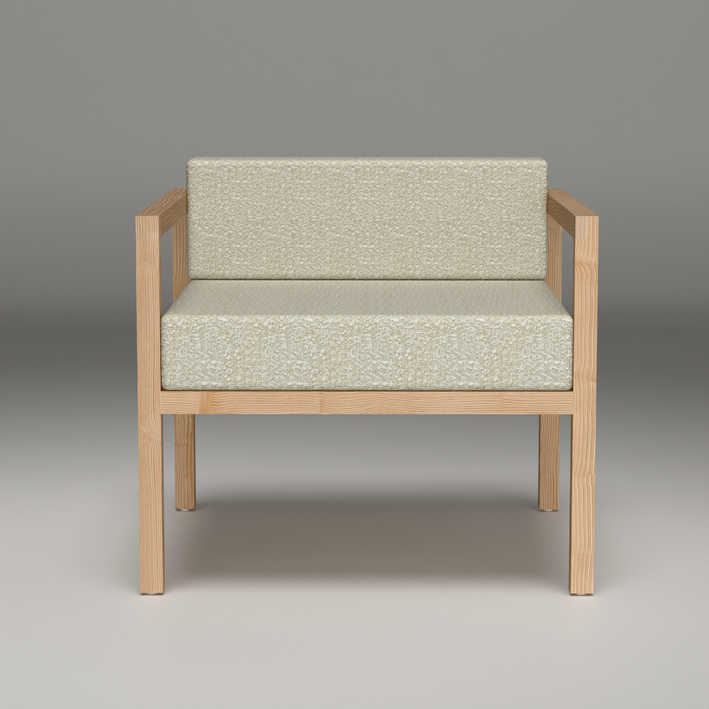A Good Life minimalist pinewood lounge chair with beige cushioned seat and backrest in natural wood frame