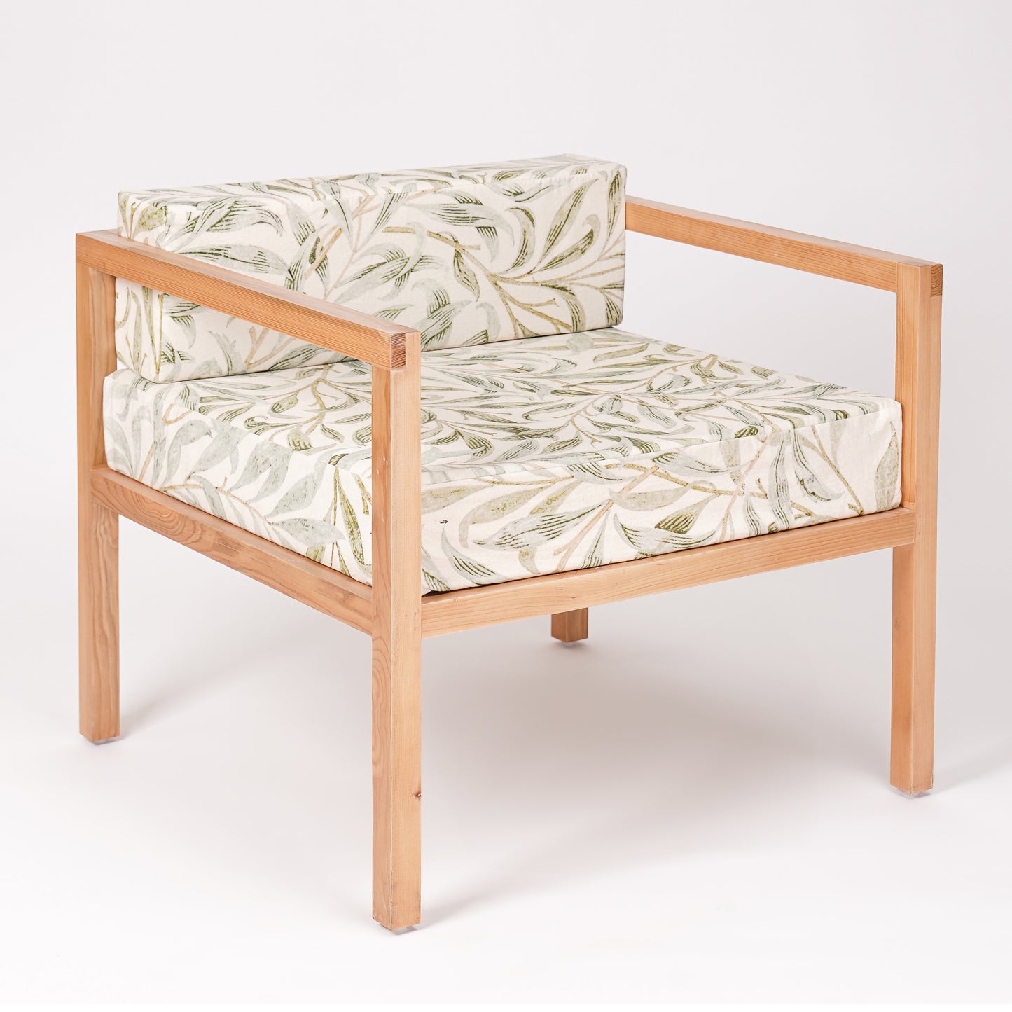 Minimalist pinewood lounge chair by A Good Life with patterned cushioned seat and backrest
