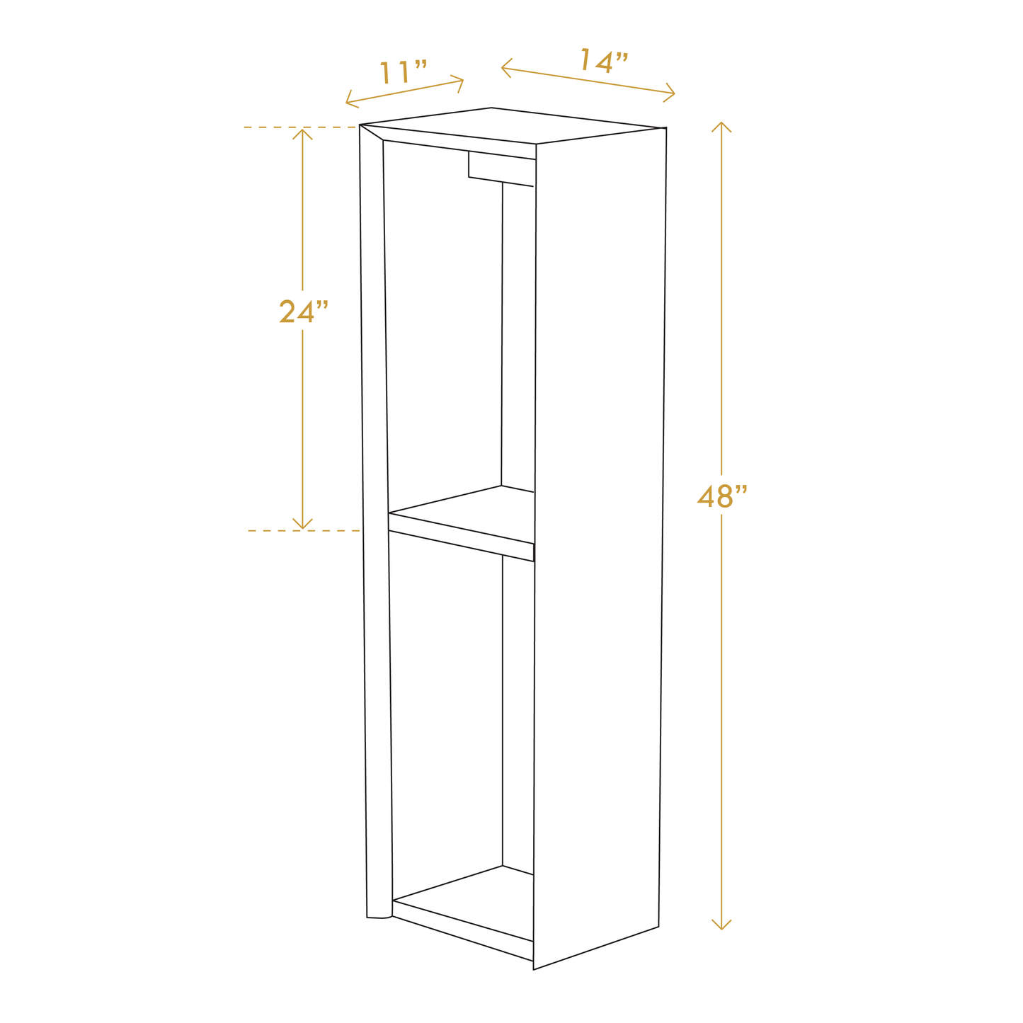 Line drawing showing dimensions of minimalist pinewood stand with two shelves and open front design