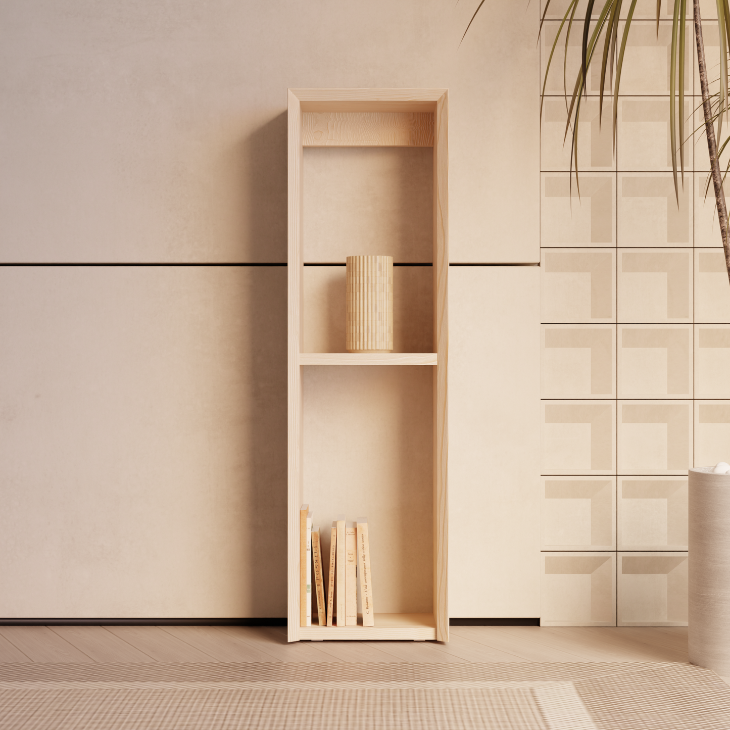 Minimalist pinewood stand by A Good Life with two shelves holding books and decor in a modern room
