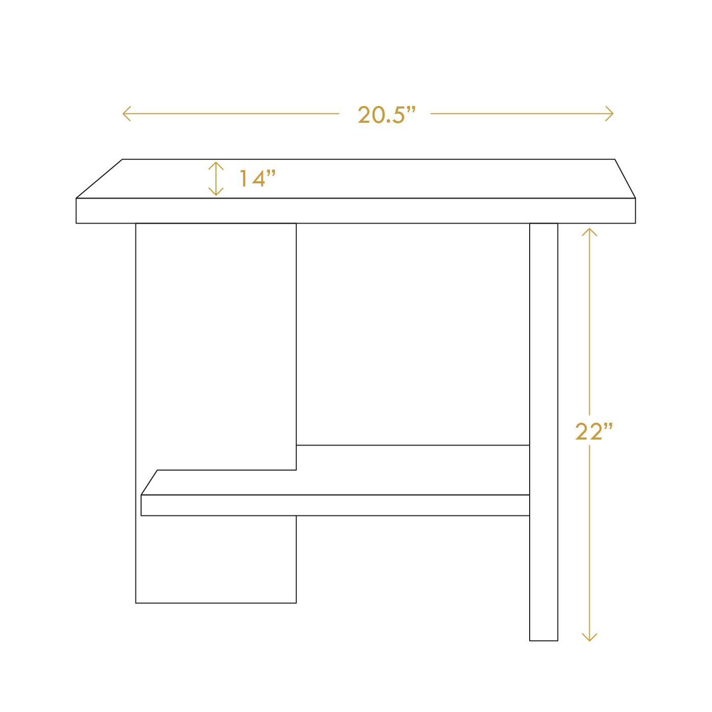 Dimensions diagram of minimalist quiet nightstand showing width 20.5 inches height 22 inches and depth 14 inches