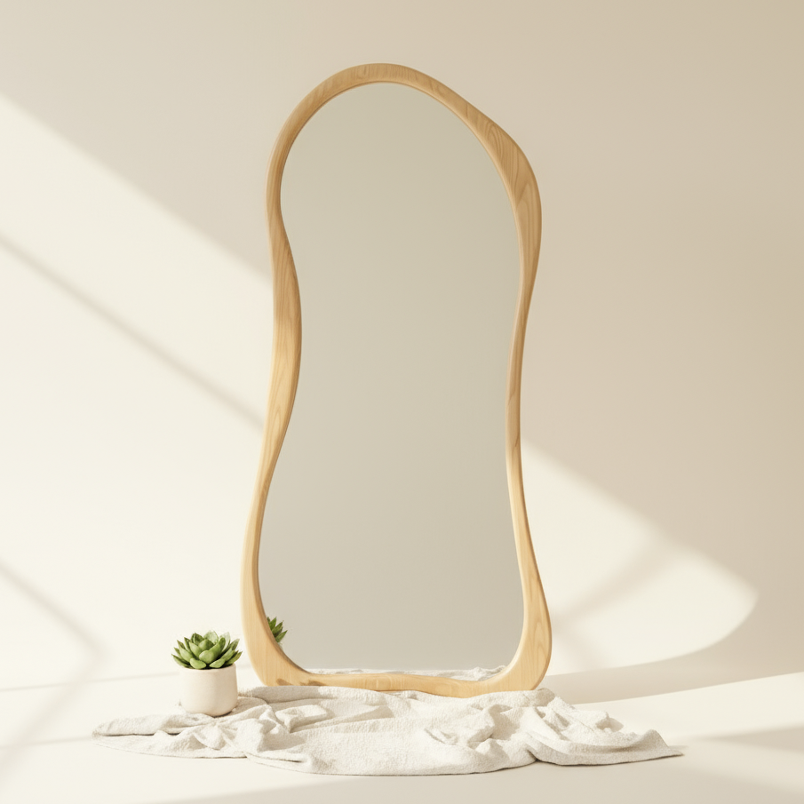 Nordic Celest wooden-framed mirror with plant and white fabric minimalist home decor styling