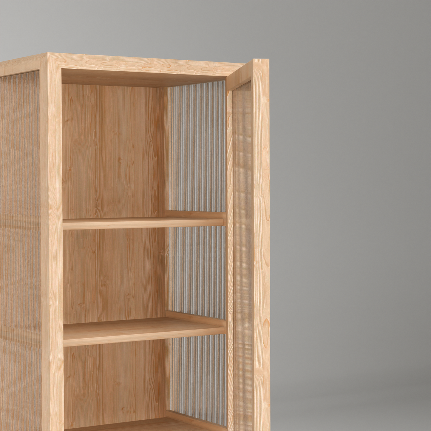 A Good Life Nordic fluted glass cabinet with wooden frame and three shelves shown with door open