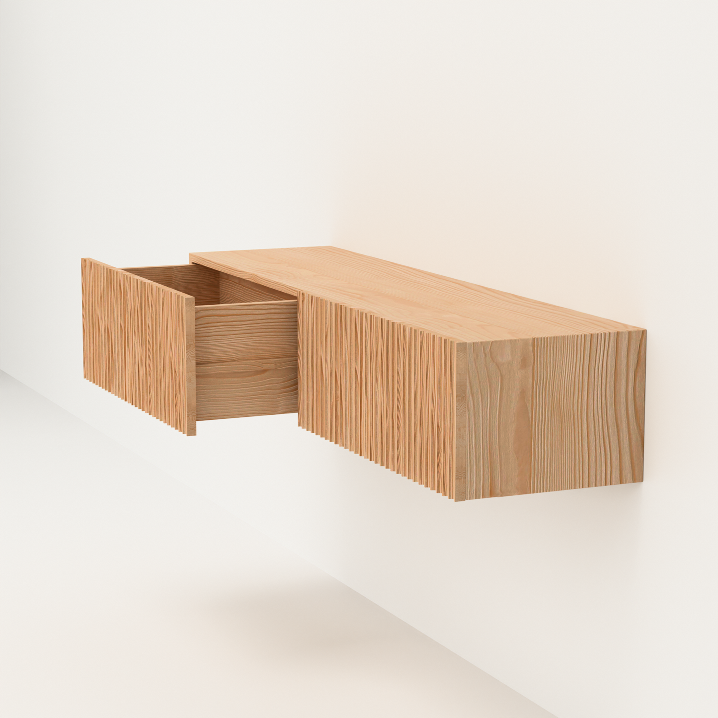 A Good Life Nordic fluted wall shelf in natural wood with an open drawer showcasing storage space