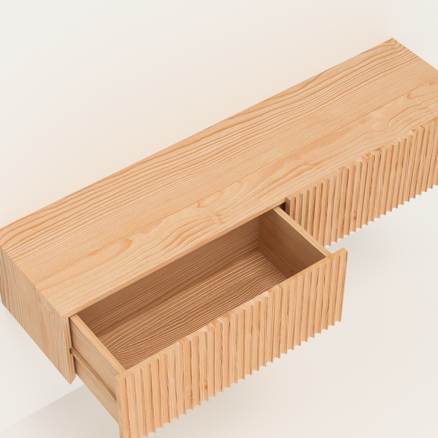 A Good Life Nordic fluted wall shelf in natural wood with two drawers showing detailed fluted design
