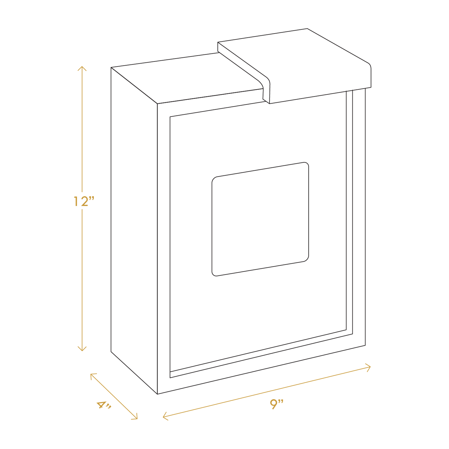 Line drawing of A Good Life pine pantry box with dimensions 12 by 9 by 4 inches