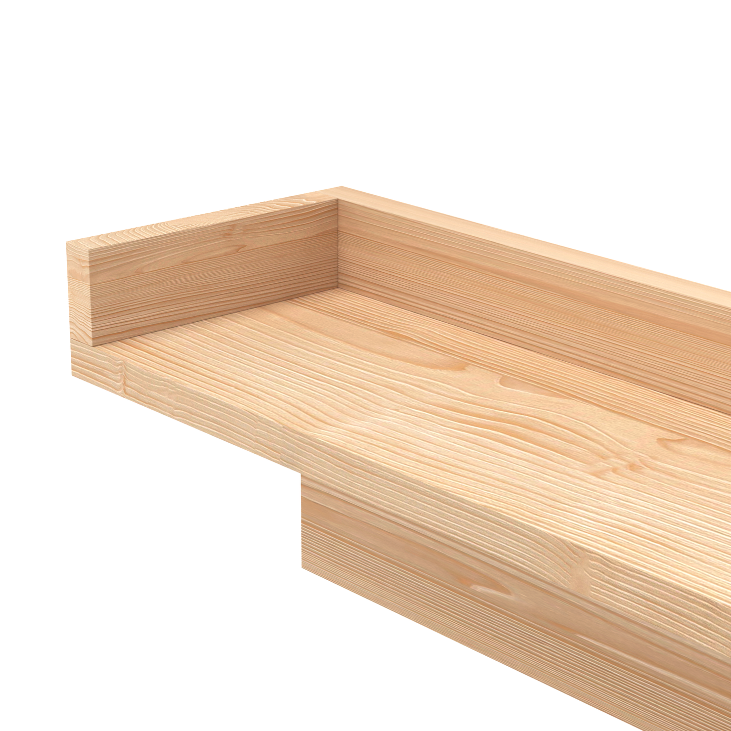 A Good Life pine wood balcony shelf with natural finish showing detailed wood grain texture