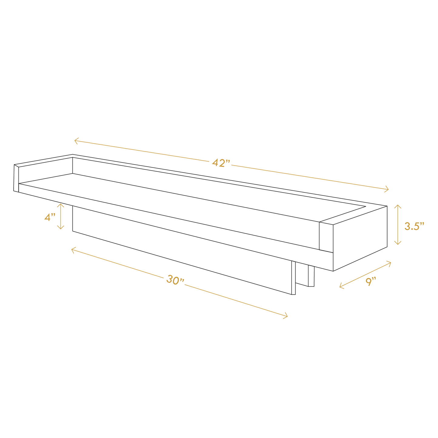 A Good Life pine wood balcony shelf line drawing with dimensions 42 by 9 by 3.5 inches