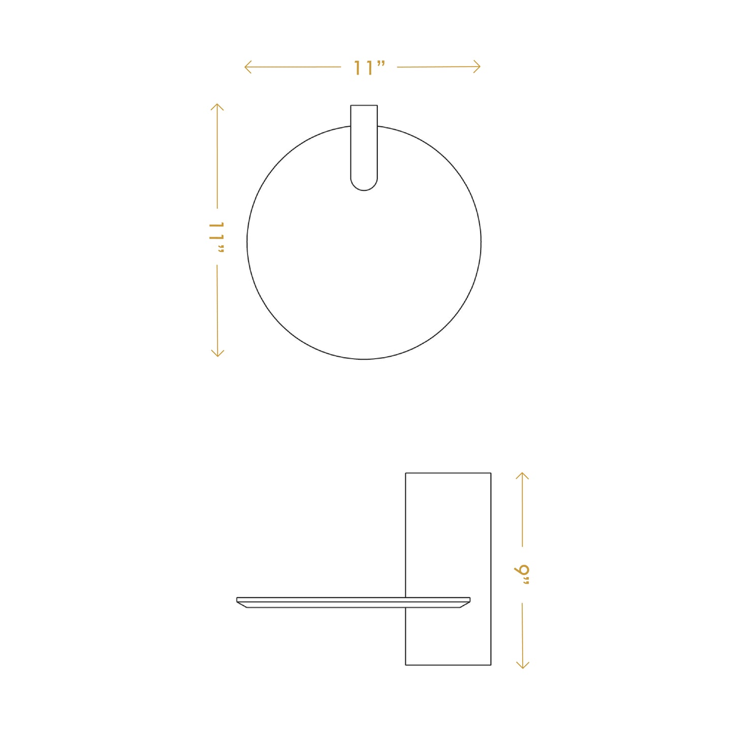 Technical drawing of an 11 inch pine wood floating shelf showing top and side dimensions