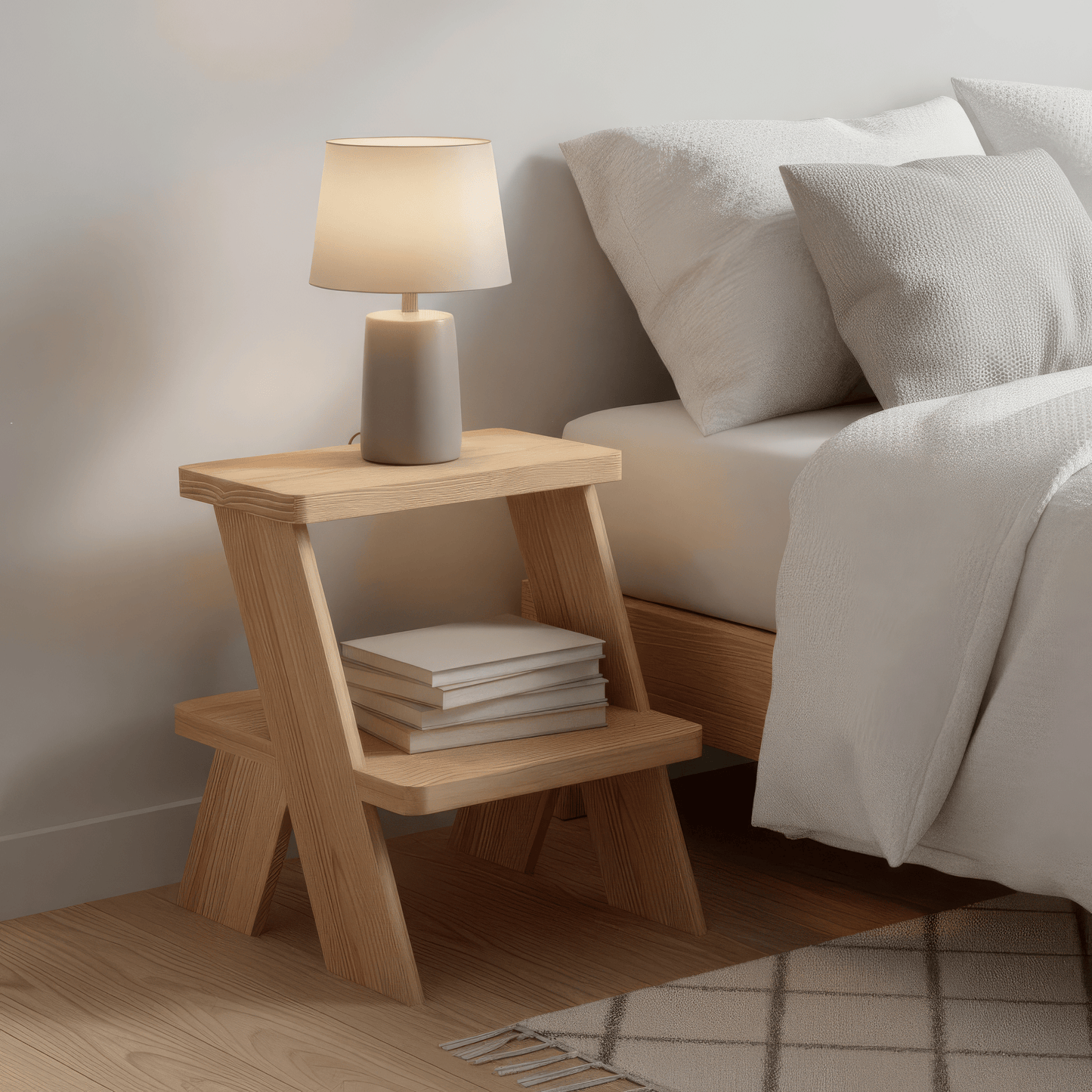 Scandinavian bedroom wooden bedside organizer with two-tier stepped shelves for mindful storage