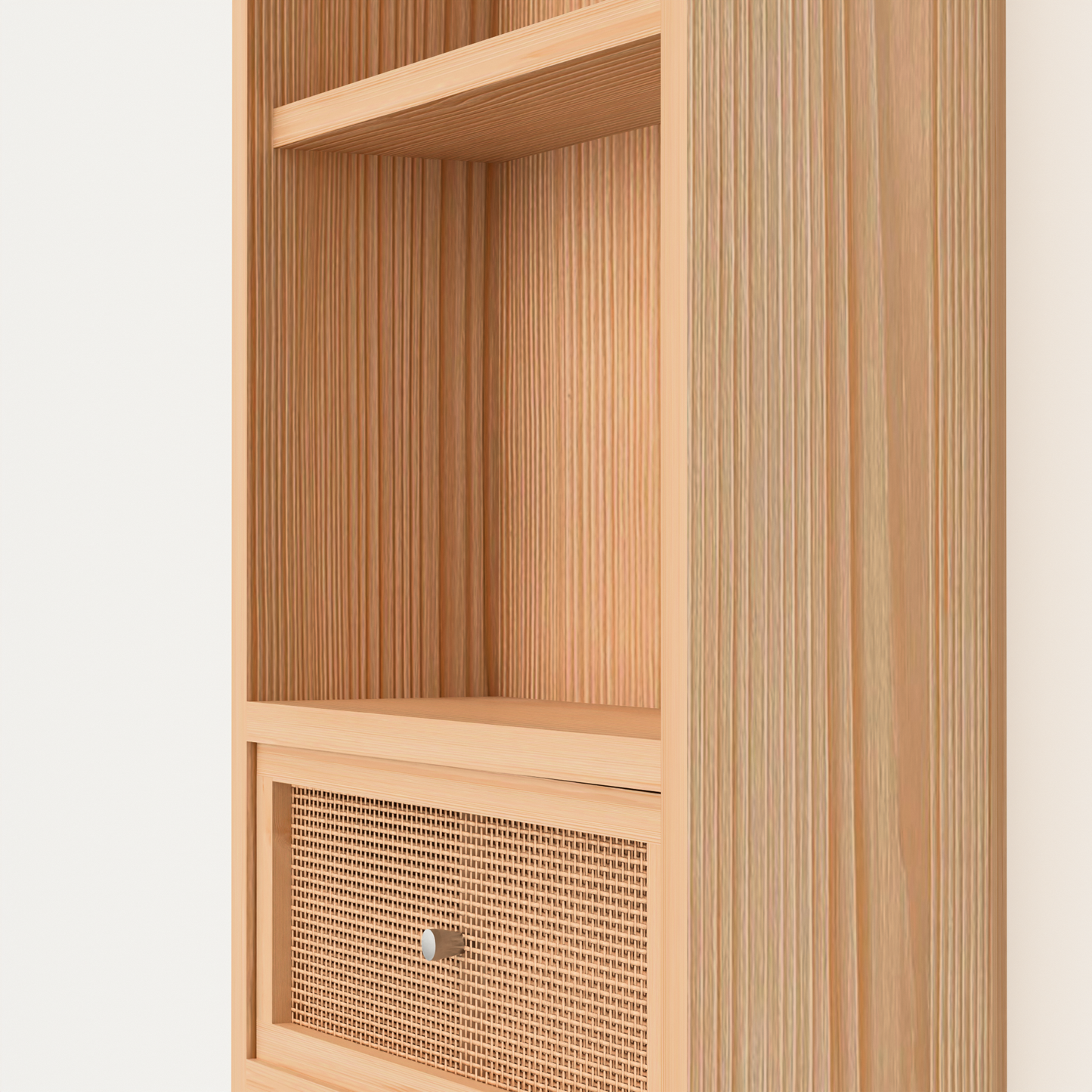 A Good Life solid wood multipurpose shelf with open compartments and a woven drawer front