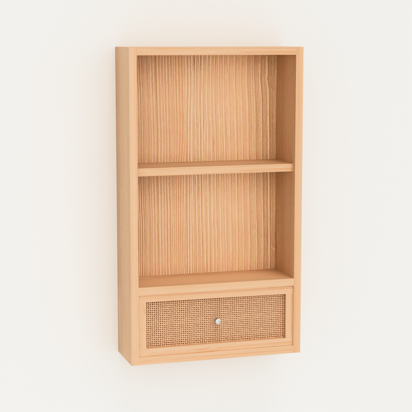 A Good Life solid wood multipurpose shelf with natural finish and a lower woven drawer