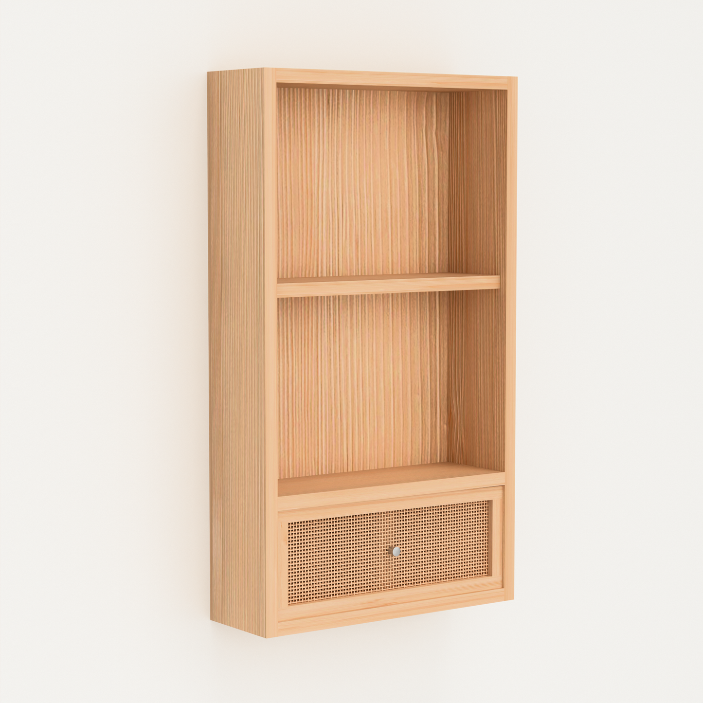 A Good Life solid wood multipurpose shelf with two open shelves and a woven drawer front in natural wood finish