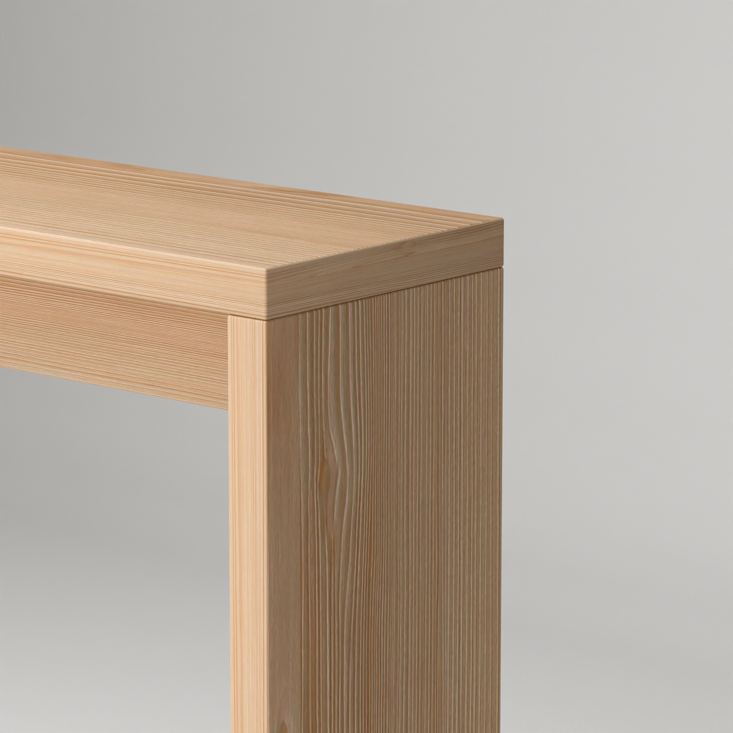 Close-up of solid wood narrow hallway table corner showing natural wood grain and smooth finish