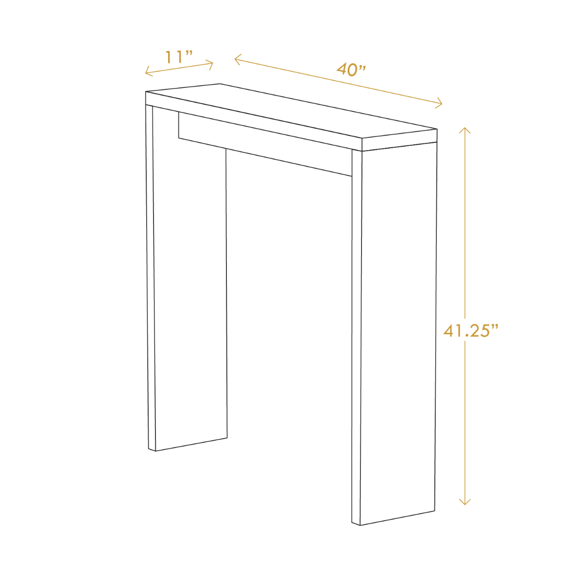 Narrow hallway console table technical dimensions drawing 41.25H x 40W x 11D inches for space planning