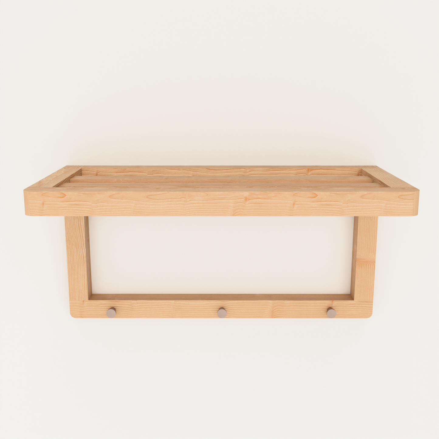 A Good Life solid wood towel shelf with hooks in natural finish mounted on white wall