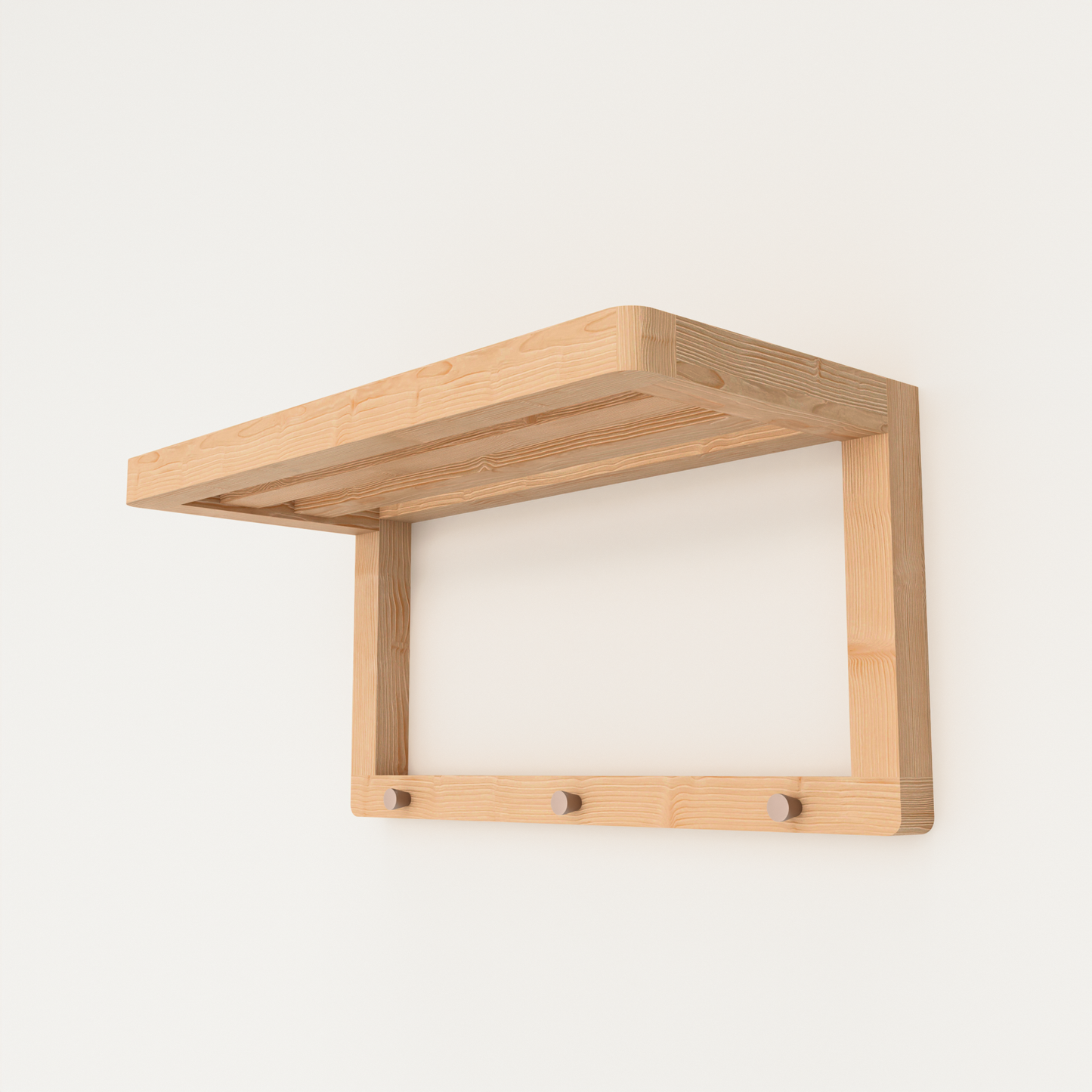 A Good Life solid wood towel shelf with hooks in natural wood finish mounted on white wall