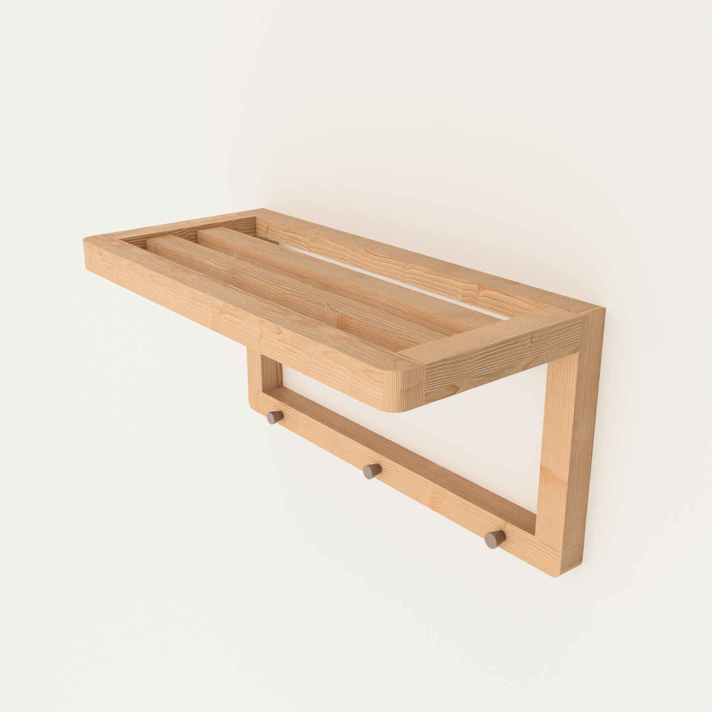 A Good Life solid wood towel shelf with hooks mounted on a white wall in natural wood finish
