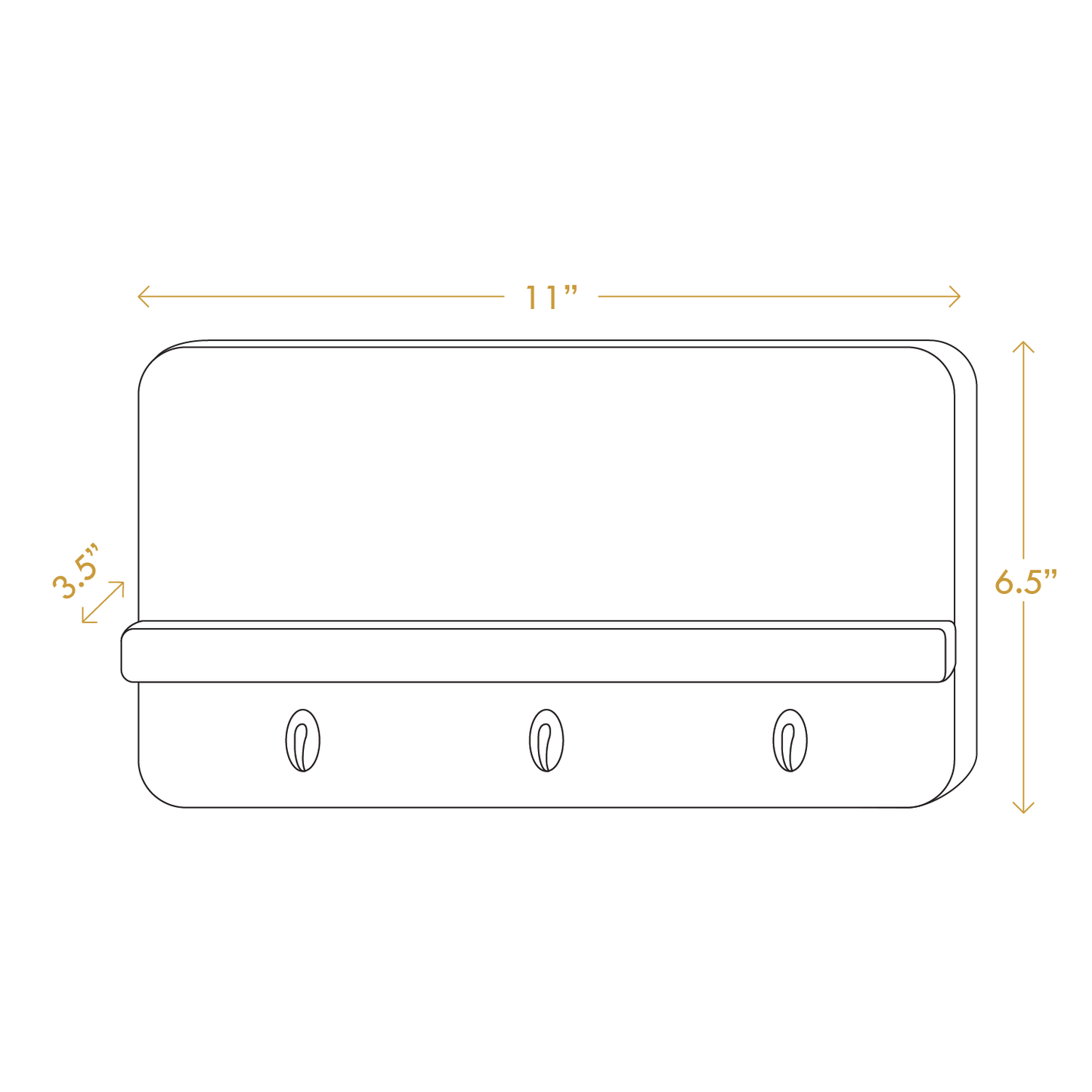 A Good Life minimalist key shelf with three hooks and a small shelf in white, dimensions 11 by 6.5 inches