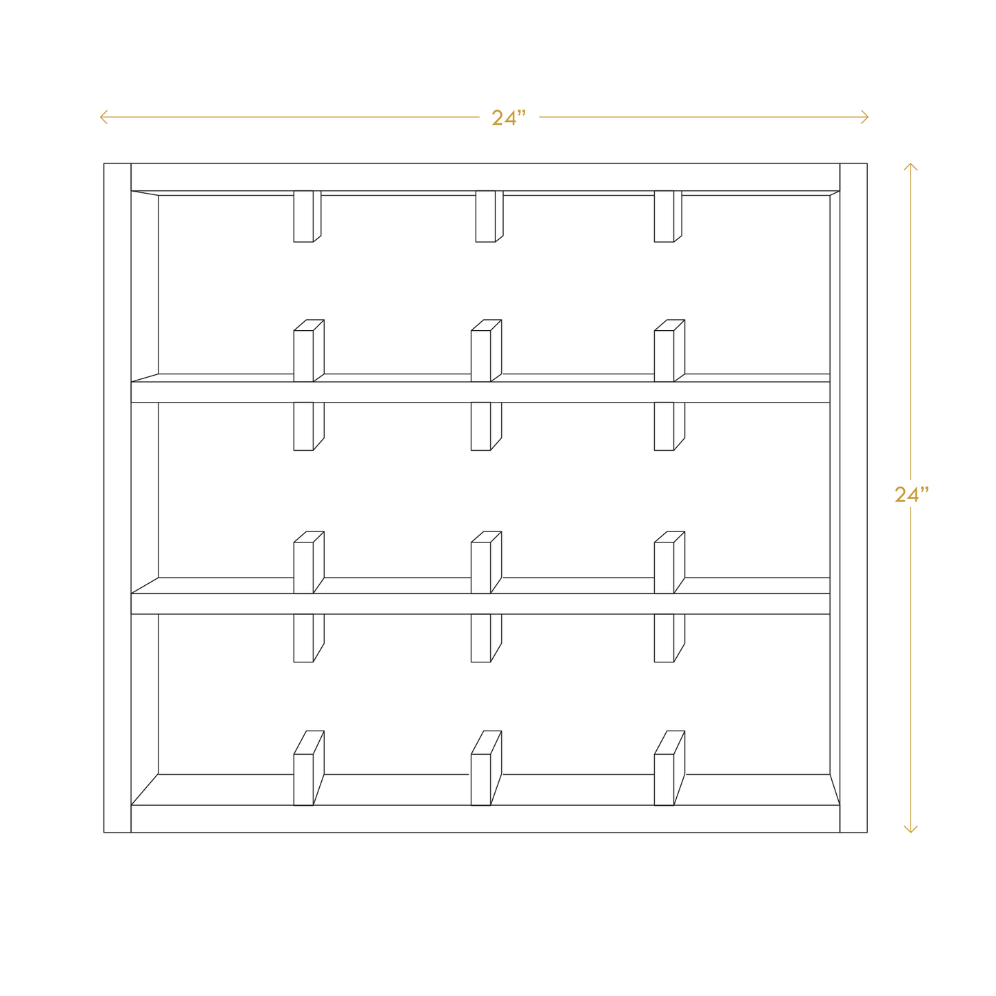 Minimalist wooden mug rack with three shelves and twelve hooks measuring 24 by 24 inches
