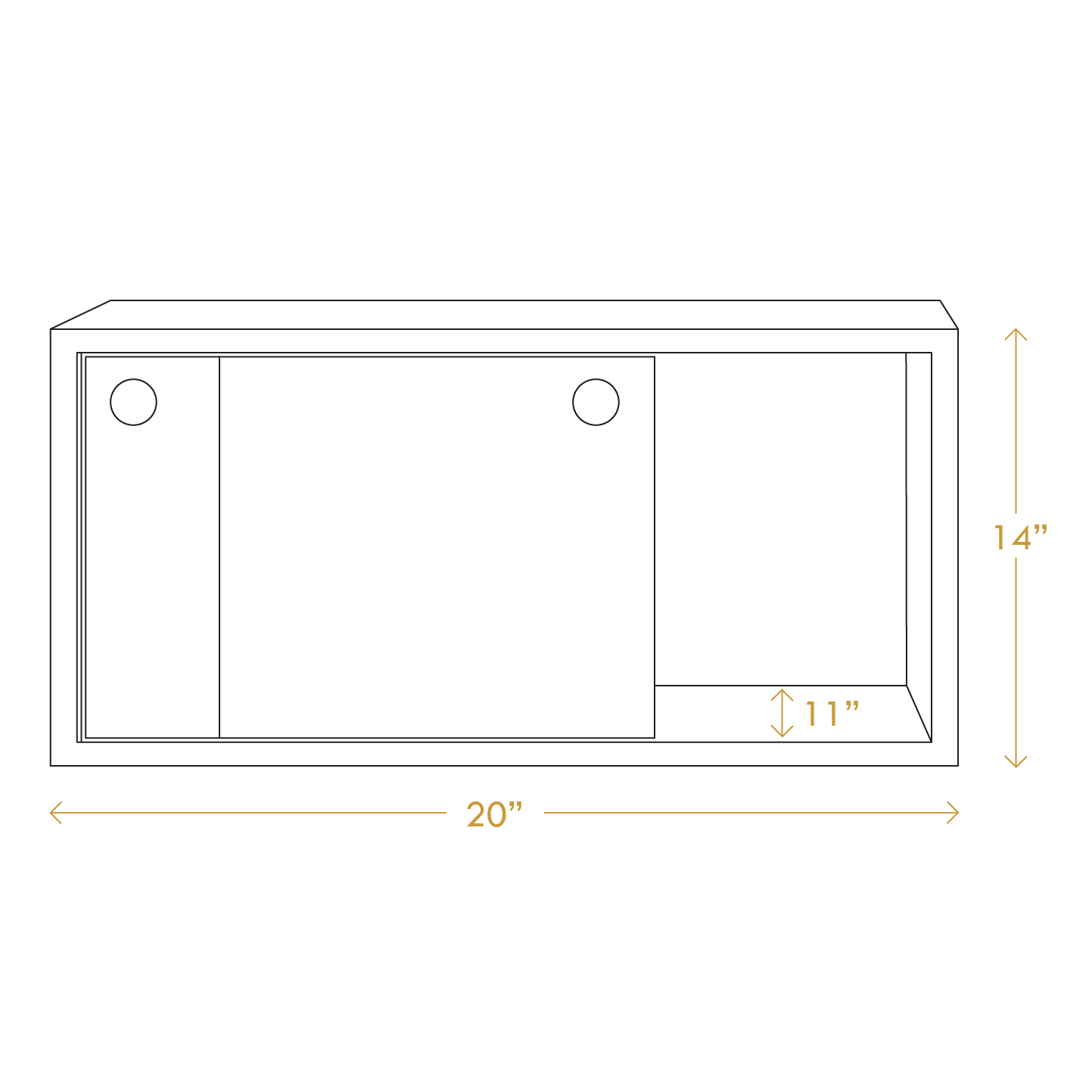 Technical drawing of A Good Life wabi-sabi floating shelf with dimensions 20 by 14 inches and sliding panel detail