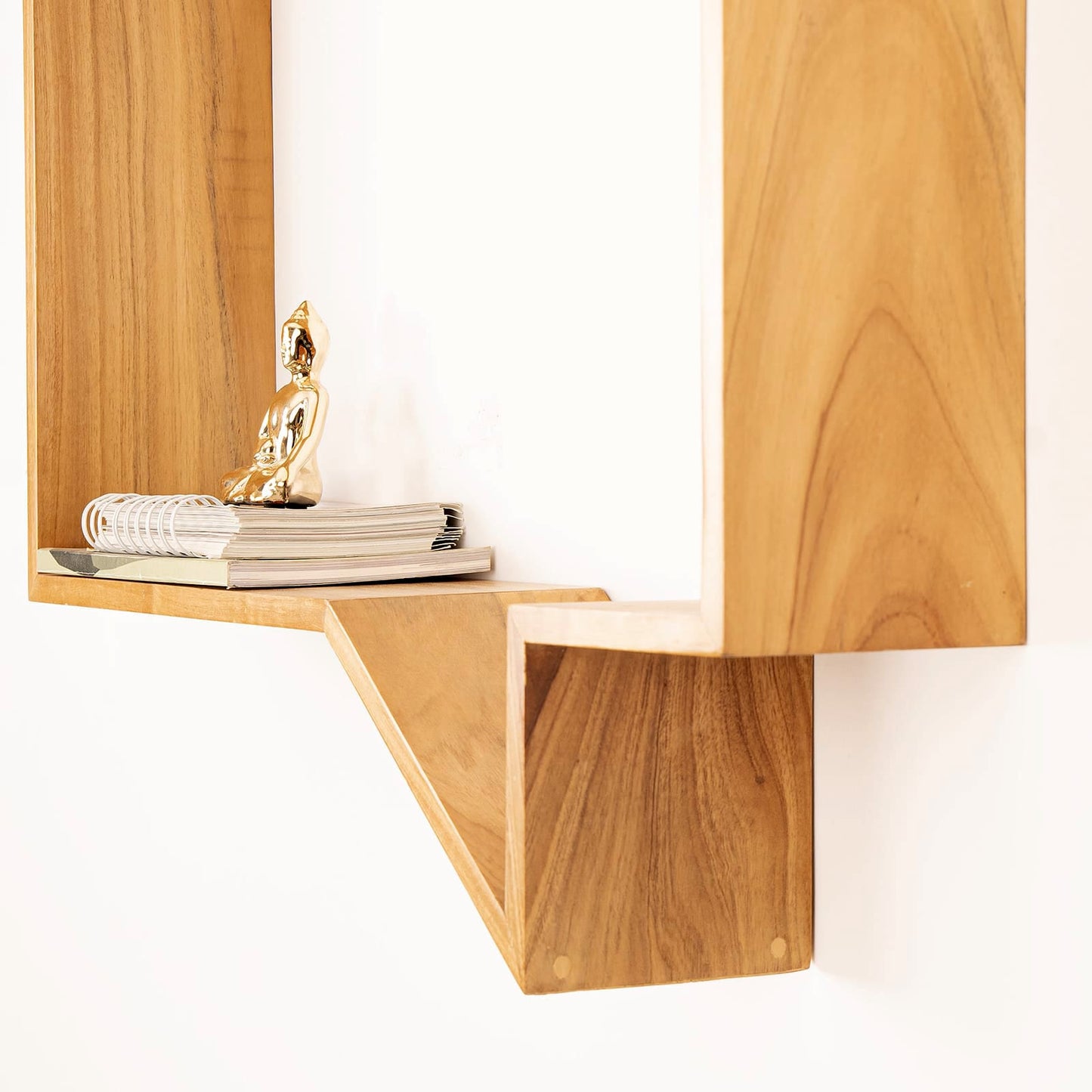 A Good Life Wabi-Sabi quote display shelf wooden floating bookshelf with decorative gold Buddha and books