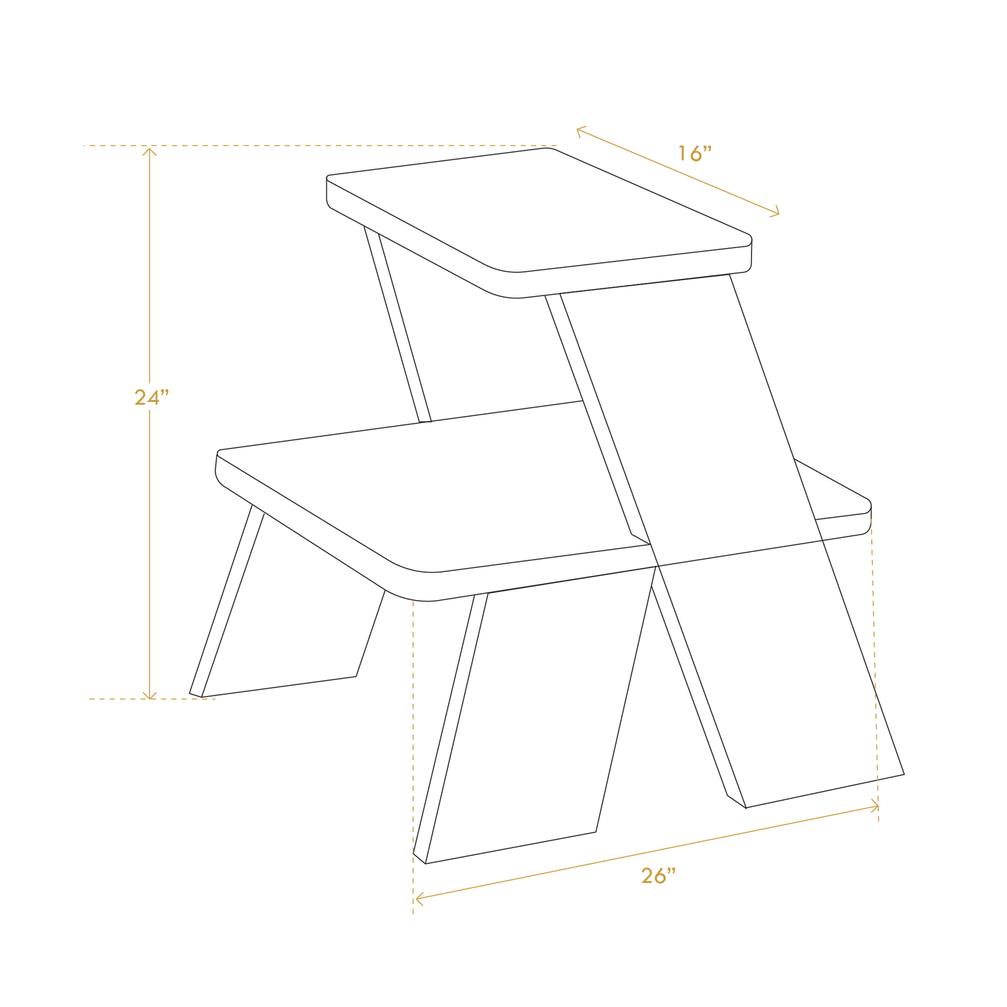 Diagram of wabi-sabi step side table showing dimensions 24 by 26 by 16 inches