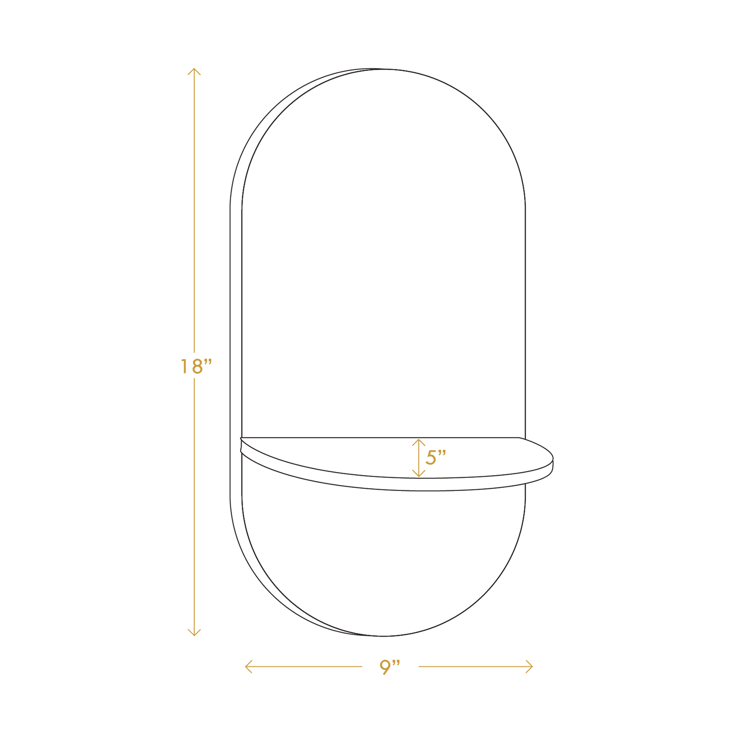 Diagram showing dimensions of wabi sabi wooden moon shelf with 18 inch height 9 inch width and 5 inch shelf depth