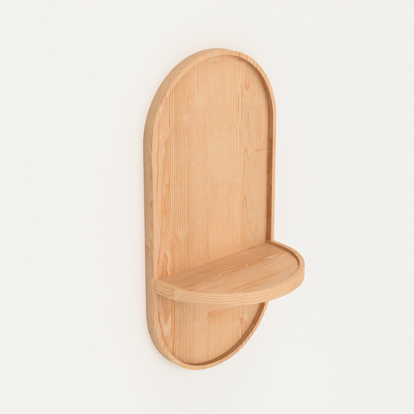 A Good Life wabi sabi wooden moon shelf in natural wood finish with curved design and small storage space