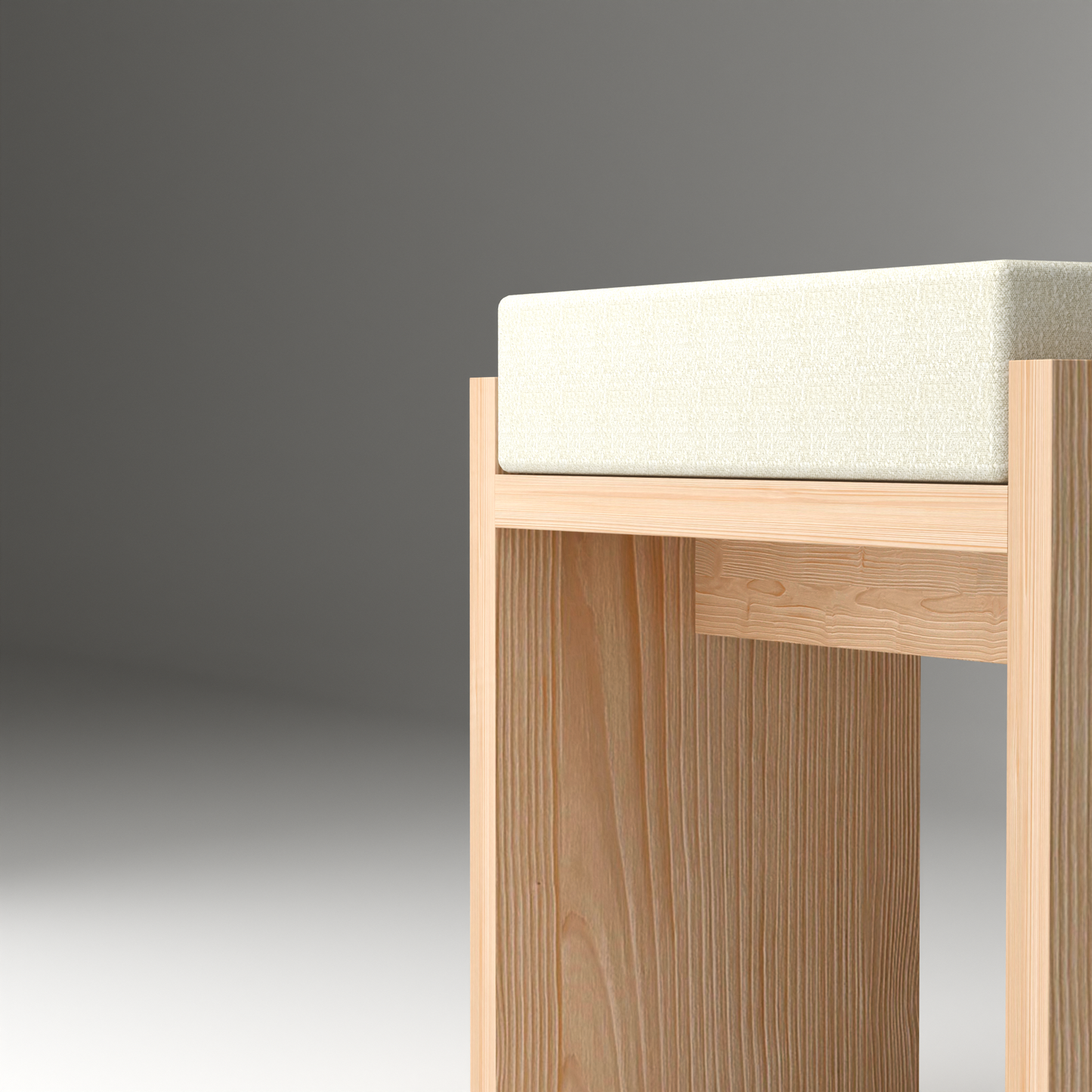 A Good Life Wabi-Sabi wooden stool with natural wood grain and cushioned beige seat
