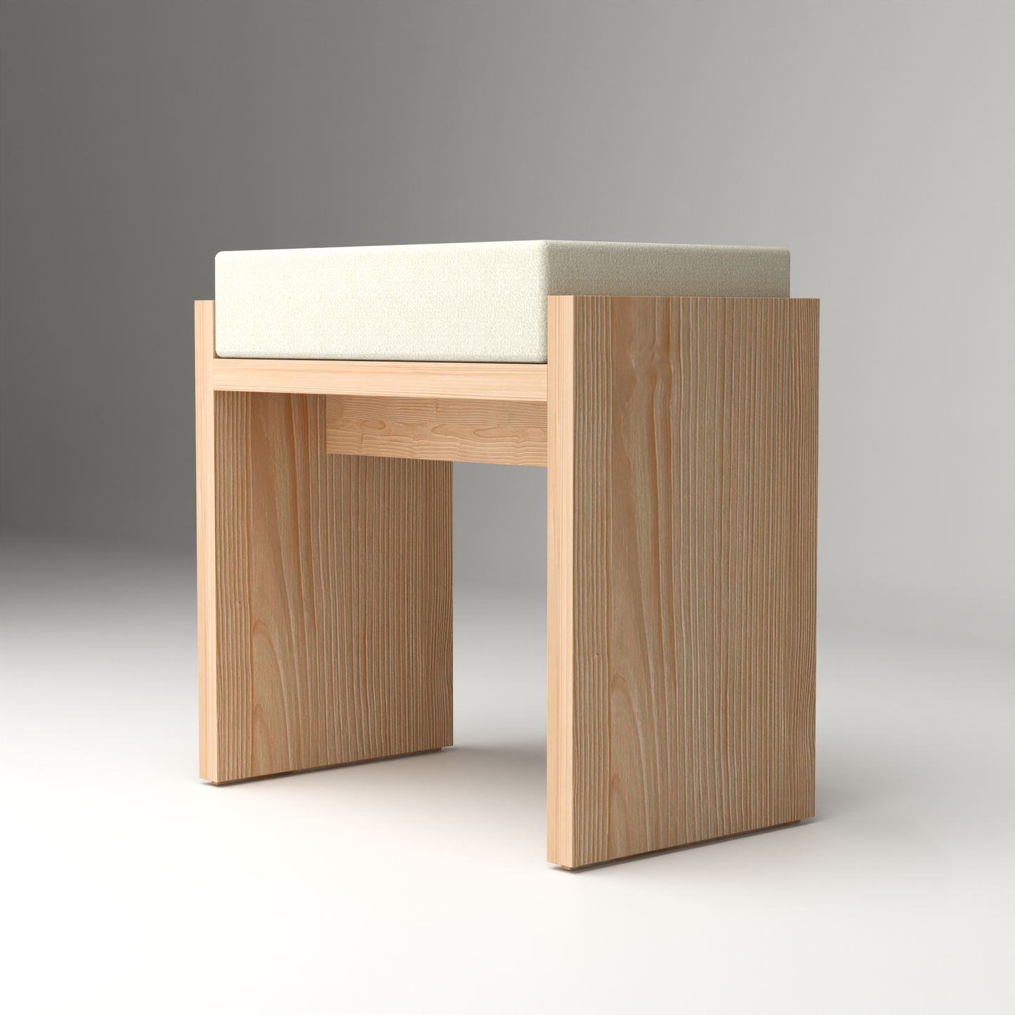 A Good Life Wabi-Sabi wooden stool with natural wood finish and a beige cushion top
