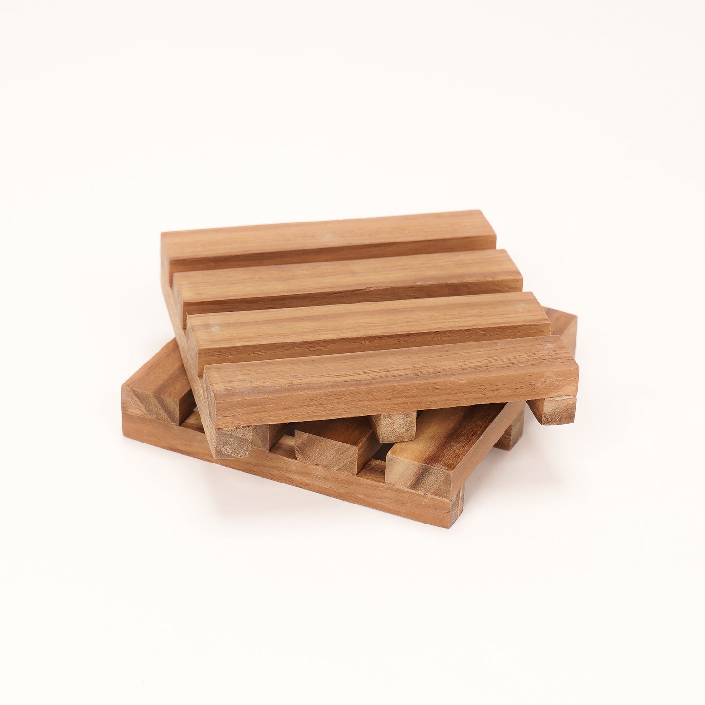 A Good Life wooden pallet coasters stacked on a white background with natural wood finish